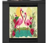 Calcomanía magnética para lavavajillas con diseño de flamencos tropicales y hojas de palmera, para decoración de electrodomésticos de cocina, cubierta magnética reutilizable para nevera, 66 x 58 cm