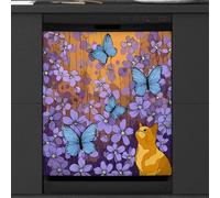 Calcomanía magnética para lavavajillas con diseño de mariposa azul y flores moradas para decoración de electrodomésticos de cocina, reutilizable, cubierta magnética para nevera, 66 x 58 cm