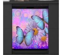 Calcomanía magnética para lavavajillas con diseño de mariposas azules y flores moradas para decoración de electrodomésticos de cocina, cubierta magnética reutilizable para nevera, 66 x 58 cm