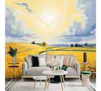 calcomanía mural de pared de tamaño personalizado, campo de trigo dorado bajo luz solar radiante, sendero rural, paisaje rural sereno, paisaje tranquilo de la naturaleza, para decoración de pared