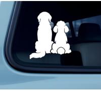 Calcomanía para auto Golden Retriever y Caniche con silueta sentada hacia atrás, obra de arte minimalista inspirada en mascotas en estilo limpio y equilibrado, acento decorativo para ventana que