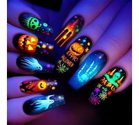 Calcomanías artísticas de uñas de Halloween, 24 piezas de uñas ABS extraíbles con patrones impredecibles de alienígenas y telarañas, fáciles de aplicar, uñas de Halloween