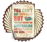 Calcomanías de broma para adultos con la que no puedes comprar la felicidad pero puedes casarte con un australiano, 10 piezas de calcomanías divertidas para decoración del hogar (6 x 9 cm)