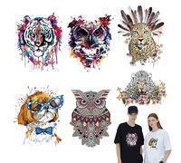 Calcomanías de búho con parche de hierro en el zorro de transferencia de calor, adhesivo de leopardo de tigre de 6 piezas de animales ferozmente de dibujos animados de bricolaje de tinta de regalo de artesanía de uso diario grande para sudadera con capucha, camiseta, mochila, decoración de ropa, hombres, mujeres y