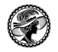 Calcomanías de grabado Silueta de una mujer elegante con un sombrero de ala ancha decorado con plumas. 42x42cm Decoración artística Negro