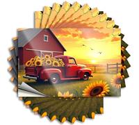 Calcomanías de metal para laptop, un camión rojo vintage cargado con girasoles delante de un granero al atardecer | Decoración de habitación de dardos (6 x 9 cm)
