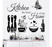 Calcomanías de pared con cita de cocina, diseño de comer, beber, amar, disfrutar, papel pintado negro, utensilios y taza de café, calcomanías de arte de pared, autoadhesivas, extraíbles, decoración de