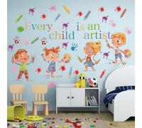 Calcomanías de pared con texto en inglés "Every Child is an Artist", acuarela, pintura de crayón, salpicaduras de manos, calcomanías de pared coloridas para despegar y pegar para habitación de los