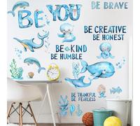 Calcomanías de pared de animales del océano, calcomanías de vinilo con cita inspiradora, Be You, Be Brave, Be Kind, Be Honest, Be Thankful, Be Fearless, dibujos animados, ballena, delfín, pulpo, arte