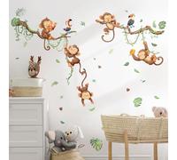Calcomanías de pared de árbol trepador de monos, calcomanías de pared de animales de la selva, hojas de vid, calcomanías de pared para habitación de bebé, habitación de niños, sala de estar,