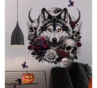 Calcomanías de pared de lobo gótico, calavera y cabeza de lobo rosa, arte autoadhesivo de PVC inspirado en Halloween, decoración oscura y mística para sala de estar, dormitorio, 40 x 40 cm