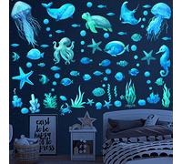 Calcomanías de pared de peces de océano, que brillan en la oscuridad bajo el mar, calcomanías de vinilo de la vida marina, acuarela, decoración de criaturas del océano (azul cielo)