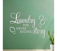 Calcomanías de pared de vinilo Frase sobre la historia interminable de la lavandería con un letrero de burbujas. Proverbio sobre la lavandería. 54.6x77.9cm No se cae Blanco