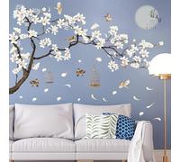 Calcomanías de pared grandes de estilo chino con flores blancas con árbol negro, pájaros voladores, calcomanías de pared extraíbles, murales de decoración de pared para oficinas, sala de estar,