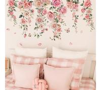 Calcomanías de pared románticas de primavera para jardín de rosas - Pegatinas de pared de flores rosas de vid colgante de vinilo floral de acuarela para decoración encantadora del hogar, perfecto para