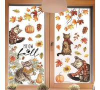 Calcomanías de ventana de calabaza de hoja de arce otoñal lindo gato maullido ventana calcomanías de animales despegar y pegar arte de pared para decoración de fiesta de cosecha del día de Acción de