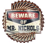 Calcomanías divertidas para caja de herramientas, con texto en inglés "Beware of Mr. Nichols", 10 unidades de calcomanías divertidas para cueva de hombre (6 x 9 cm)
