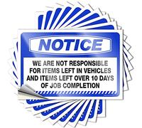 Calcomanías para autos, aviso de que no somos responsables de los artículos que quedan en los vehículos y más de 10 días de finalización del trabajo, calcomanías para casco duro y calcomanías para