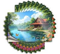 Calcomanías para coches, una cabaña serena junto al lago rodeada de flores vibrantes, 10 calcomanías para parachoques de automóviles (12 x 18 cm)