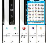 Calcomanías para teclado de piano con póster de gráfico de acordes de piano, etiquetas de notas de teclado de piano coloridas extraíbles para teclas 88/61/54/49, calcomanías transparentes grandes para