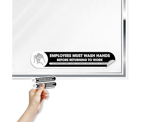 Calcomanías pequeñas para empleados que deben lavarse las manos, paquete de 2 unidades, 1 x 5 pulgadas, vinilo laminado autoadhesivo permanente para resistencia al agua y a la decoloración, lávate las manos antes de volver al trabajo, letrero de baño español/inglés
