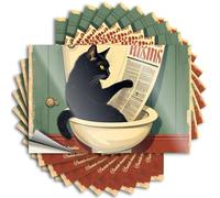 Calcomanías personalizadas para hombres, impermeables, un gato negro leyendo un periódico en un inodoro. Cubierta autoadhesiva para doble uso (8 x 12 cm)
