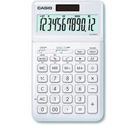 Calculadora Casio JW-200SC-WE Función de cambio de divisa cálculo de impuestos placa frontal metálica pantalla de inclinación ajustable solar y a pilas