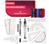 CALCUSO JUEGO DE GEOMETRÍA PRO en un estuche rojo con compás y transportador - Estuche práctico para escuela, universidad, oficina y dibujos - Ideal como set de geometría para la escuela