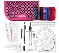 CALCUSO JUEGO DE GEOMETRÍA PRO en un estuche rosa con compás y transportador - Estuche práctico para escuela, universidad, oficina y dibujos - Ideal como set de geometría para la escuela