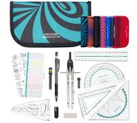 CALCUSO JUEGO DE GEOMETRÍA PRO en un estuche turquesa con compás y transportador - Estuche práctico para escuela, universidad, oficina y dibujos - Ideal como set de geometría para la escuela