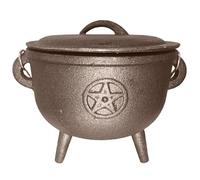 Caldero de bruja de hierro fundido negro con pentagrama con asa y patas para Halloween 5, 9 x 5, 9 x 4, pulgadas recipiente multifuncional con tapa ideal como regalo.
