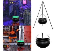 Caldero grande para decoración de Halloween, para exteriores, con trípode con luces, cuenco de plástico negro, cubo de caramelos, decoración para el hogar, porche, patio, exterior, recuerdos de fiesta