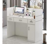 Caldion Mostrador de Recepción para Caja y Venta al por Menor, Mesa de Mostrador con Gran Espacio de Almacenaje, Cintas Plateadas, para Oficina Boutique SPA Blanco