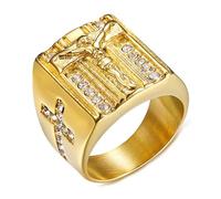 Calefee Anillos de acero inoxidable para hombre, anillo personalizado para hombre, sello dorado con Jesús y circonita cúbica, talla J a Z+1, X 1/2, Metal, Zirconia cúbica