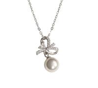 Calefee Collar de oro blanco para mujer de 9k/14k/18k, collar con colgante de boda, elegante forma de lazo con perla y diamante creado, 40+5cm, 40+5cm, Oro Gema, Perla Diamante sintético