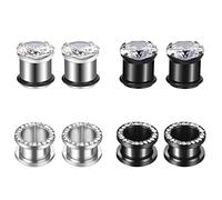 Calefee - Piercing dilatador para orejas de acero quirúrgico, 8 túneles con tapón de plata negra con diamantes de imitación de tornillo y extensor, para joyas, unisex, 8mm, Acero inoxidable, Circonia