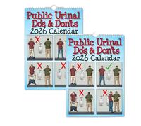 Calendario 2026 de lo que se debe y no se debe hacer en el urinario público, planificador funcional encuadernado en espiral con ilustraciones de etiqueta de baño relacionadas (2PCS)