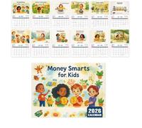 Calendario 2026 Money Smarts para niños, planificación mensual y motivación, calendario mensual con ilustraciones coloridas y concepto de gestión del dinero, para el aula o el aprendizaje en casa