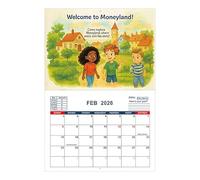 Calendario de 2026 Money Smarts para niños, planificador presupuestario, herramienta de aprendizaje ilustrada colorida, concepto de conciencia financiera, calendario de pared educativo para el hogar