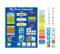 Calendario de aprendizaje magnético interactivo para niños, azul, herramienta educativa divertida para concienciación sobre el tiempo, las estaciones y el clima, 40 x 32 cm con lazo fácil para colgar