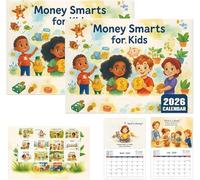 Calendario de dinero inteligente 2026, planificación mensual y motivación, calendario mensual con ilustraciones coloridas y concepto de gestión del dinero, planificador diario para aprendizaje en el