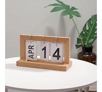 Calendario de escritorio de madera, calendario de escritorio perpetuo, abatible de pie, calendario giratorio de página, oficina, plegable y reutilizable (marrón)