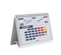 Calendario de escritorio para la temporada F1 2026 A5. Planificador práctico de la temporada de Fórmula 1 con gráficos de hipódromos, fechas de Gran Premio y sección de titulado, papel premium de 300
