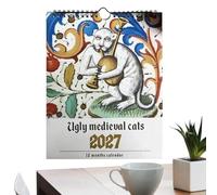 Calendario de Gatos | Enero - Diciembre 2027 Planificador de Pared y Decoración de Habitaciones | Calendario de Gatos Medievales Feos | Para Sala de Estar, Dormitorio, Cocina, Oficina, Aula
