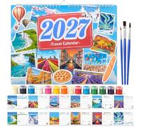 Calendario de pared 2027, pintura por números para adultos, calendario de manualidades 2027 para colgar, paisajes y viajes, juego completo con pinturas acrílicas y pinceles, regalo creativo y