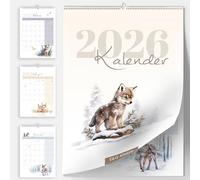 Calendario de pared calendario mensual 2026 en A4 Aqaurell Animales del Bosque con KW 's Vacaciones y plan de vacaciones/resumen de vacaciones, mucho espacio para escribir meses, familias, niños
