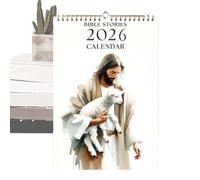 Calendario de pared religioso 2026 - Planificador de historias bíblicas, ilustración cristiana de Jesús, organizador del tiempo | Decoración de arte para el hogar para hombres y mujeres, regalo de cum
