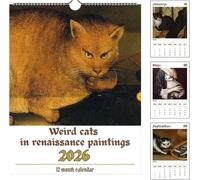 Calendario de pared Weird Cats in Renaissance 2026, 12 pinturas divertidas y divertidas con gatos renacentistas, calendario de adviento medieval creativo for la oficina