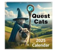 Calendario gatos divertidos 2025 | Calendario pared 2025 gatos búsqueda medieval extraña | Calendario familiar novedad Quest Cats para ver el mes | Planificador pared con calendarios mensuales gatos