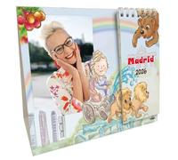 Calendario Sobremesa 2026 Madrid - Ilustración Estilo Naíf y Portafotos Personalizable (9x12 cm) - Diseño Artístico de Autor - Calendario de Mesa 22x17 cm para Decoración de Hogar u Oficina.
